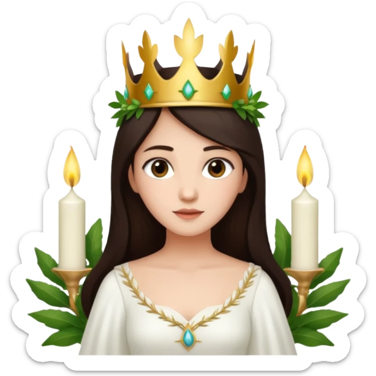  saint lucia with dark brown hair with a white gown and a crown made from greenery with candles on the crown sticker