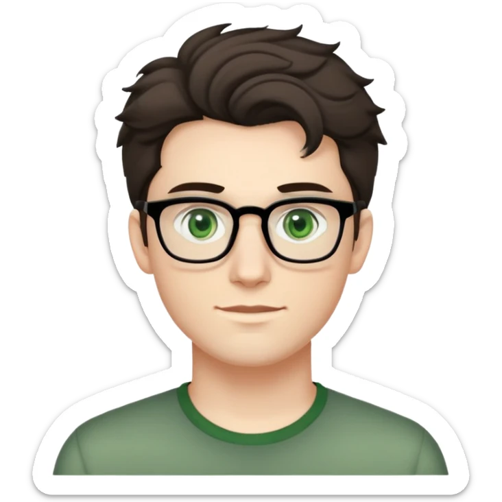 young man with pale skin, dark tall voluminous slightly wavy hair styled up high on head but not curly, wearing glasses with green eyes and very light stubble, with a slight smile sticker