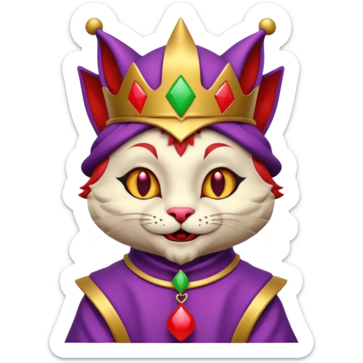 crazy colorful cute little cat jolly joker from poker, medieval, vintage, court jester, mac os icon, purple, gold and red color, half body sticker