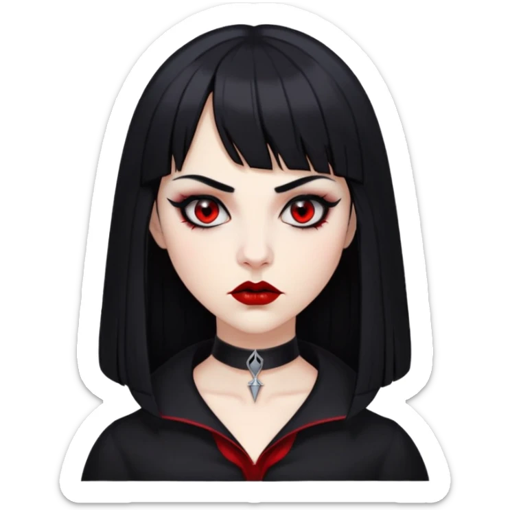 pale woman with black long straight black hair red sleepy eyes with black eyeliner black lipstick vampire teeth straight short bangs serious expression with thin black eyebrows nose piercing black clothe  sticker