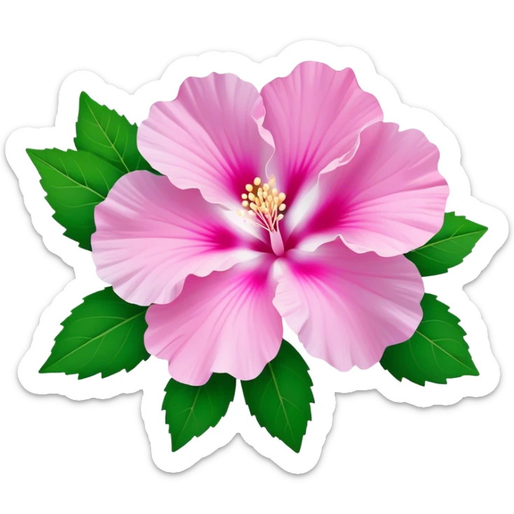 Cinematic Realistic image of a Mugunghwa flower (Rose of Sharon), rendered with delicate petal textures and vibrant pink hues, set against a minimalist background with gentle, diffused lighting that highlights its national significance sticker