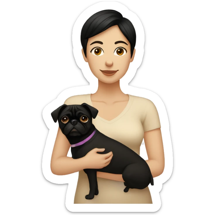 Lesbian woman Black short hair causacian sking hugging a pug color beige sticker