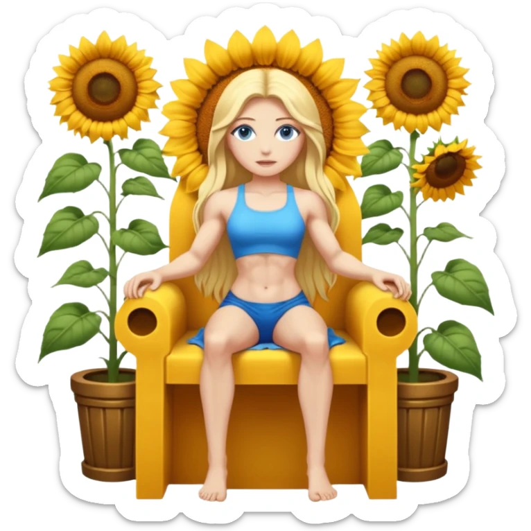 full body woman long blonde hair blue eyes white skin muscular build inside sunflower throne sticker