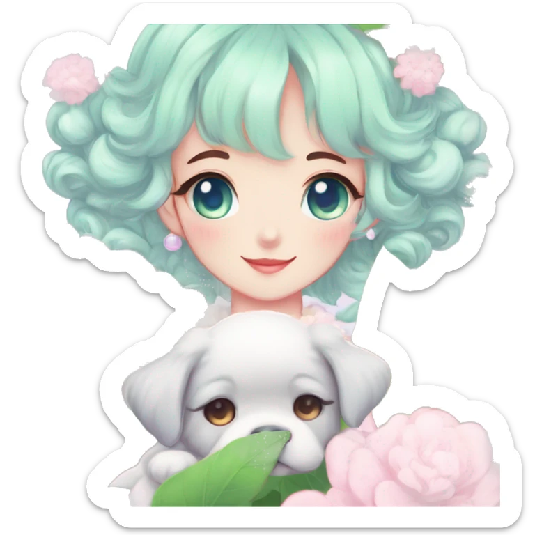 Gorgeous pastel anime style lady with blushing face and puppy ears cottagecore fairycore pastelcore colorful pearly romantic simplistic aesthetic trending style sticker