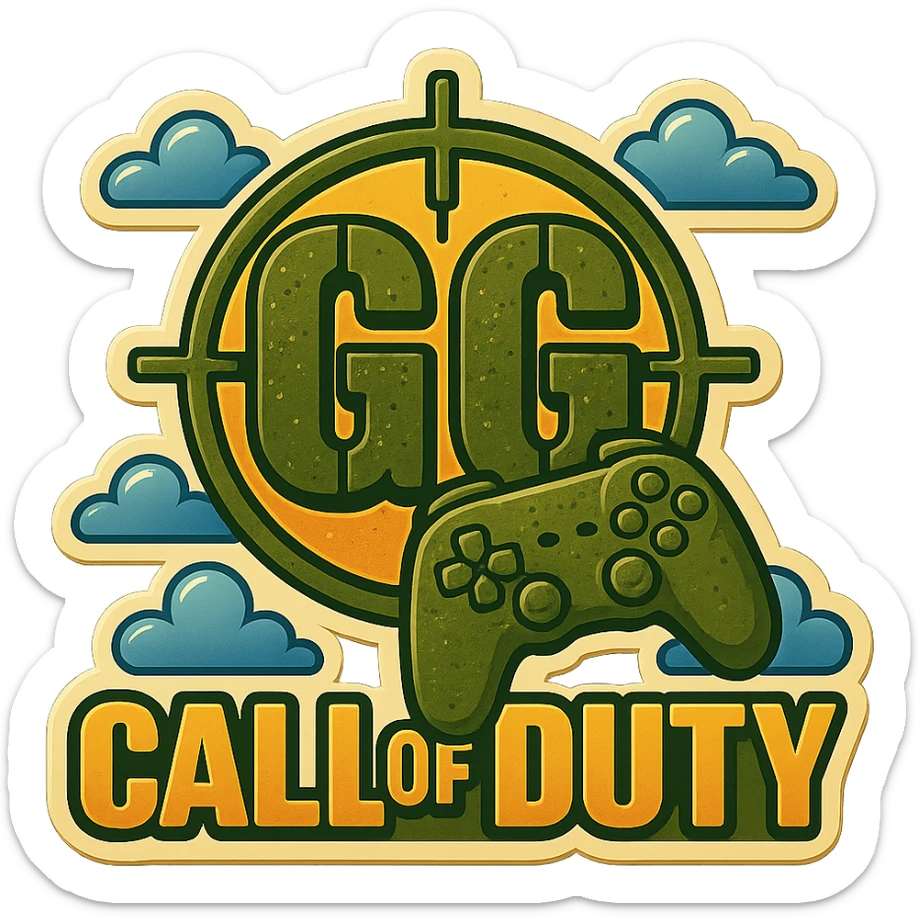 Add a video game controller to the Call of Duty GG emote, maintaining the distressed stencil font, army green color, and crosshair detail. sticker