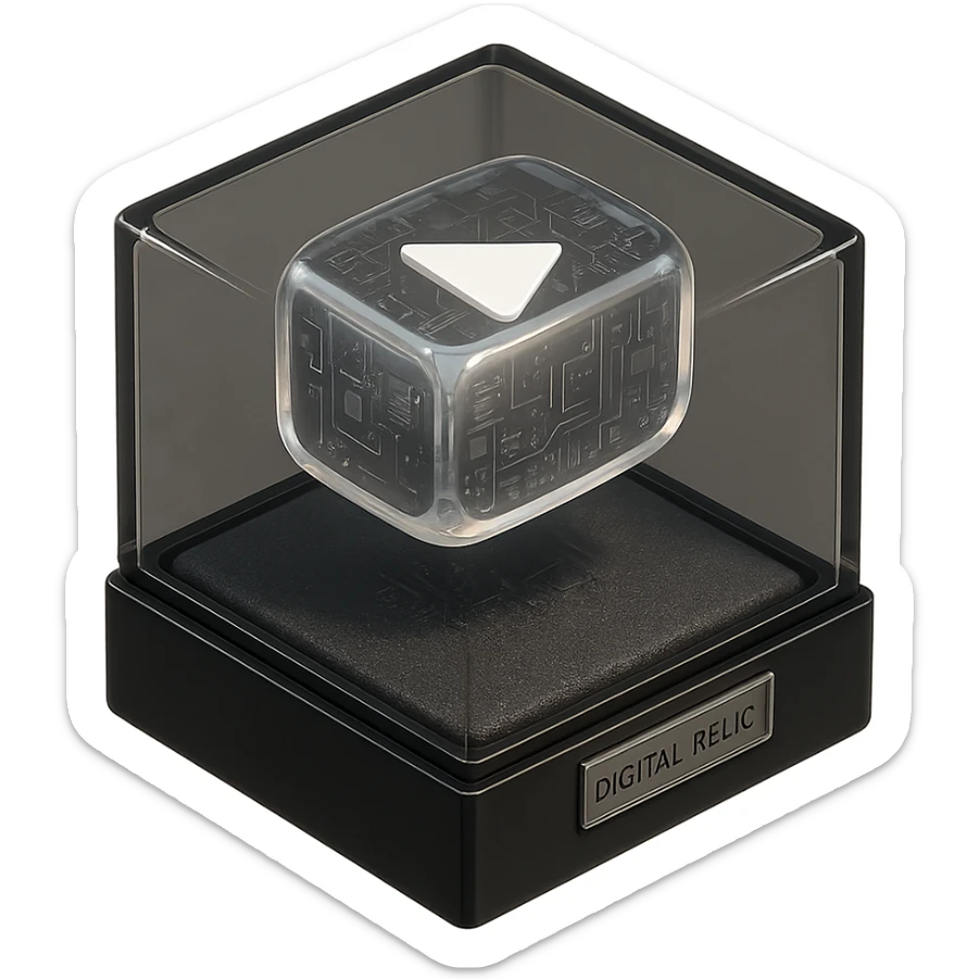 white youtube play button placed in the center of a sleek black acrylic box, like a collectible or museum artifact, foam padding, small engraved nameplate that says “Digital Relic”, soft ambient lighting, real-world texture sticker