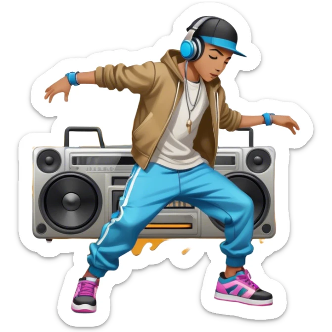Icon for Street Dance: a dancer in urban streetwear performing a dynamic lower breakdance move, with a spray-painted background, headphones, and a boombox on the asphalt. The icon should capture the energy, style, and creativity of street dance culture. Transparent background. sticker