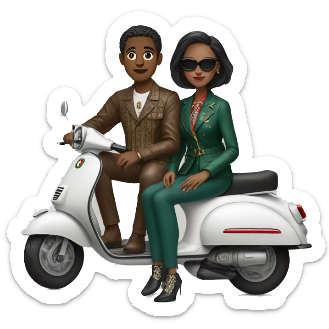man and woman sitting on a scooter wearing  gucci glothes sticker