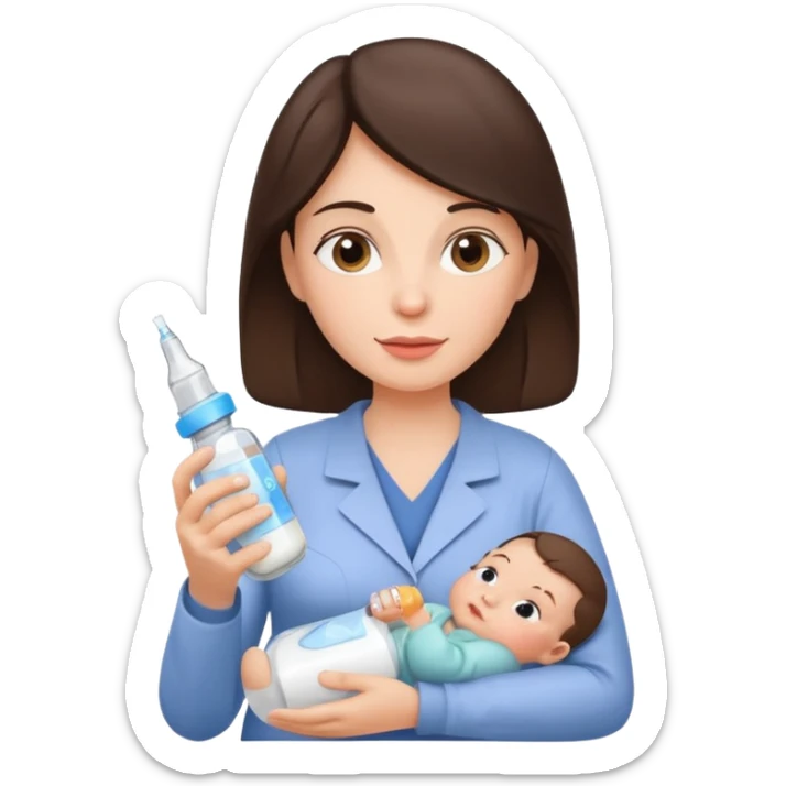 Brunette Mother holding a baby bottle with milk and a vaccine syringe sticker