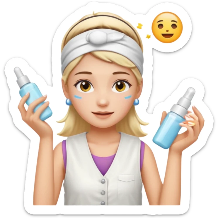 Clean girl aesthetic emoticons, apply skincare products, headband, glowing skin, white vest, soft lighting sticker