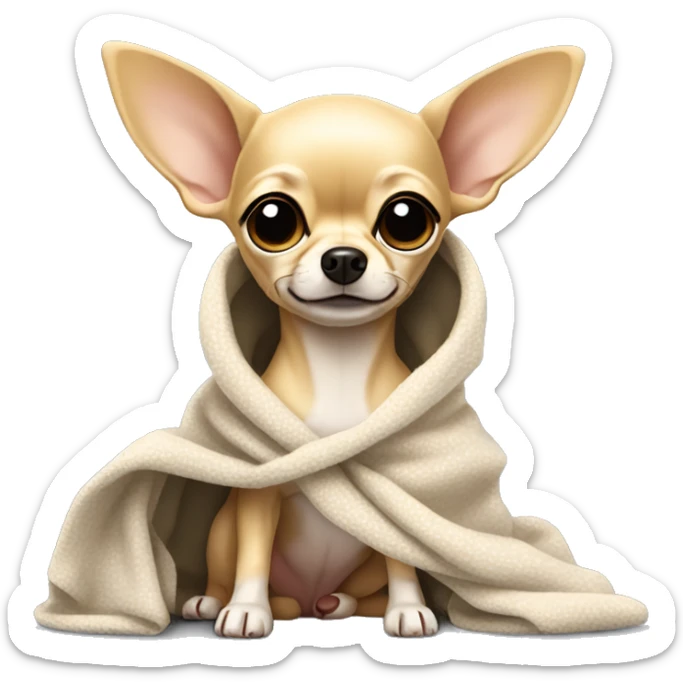 Blonde chihuahua (no white markings) with short hair, big ears, and long legs wrapped in a blanket sticker