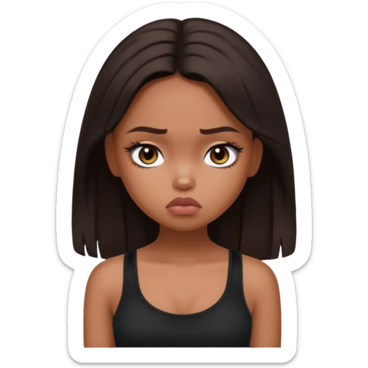 generate a pretty fair bratz girl with long dark brown hair looking sad. Wearing a black cami sticker