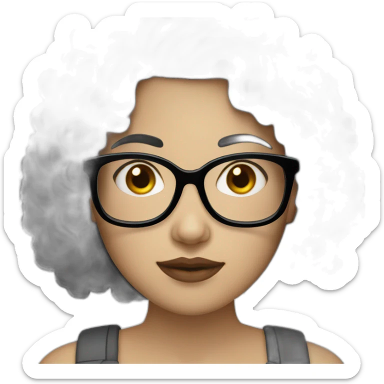 white-skinned woman with short black curly hair and big white glasses sticker