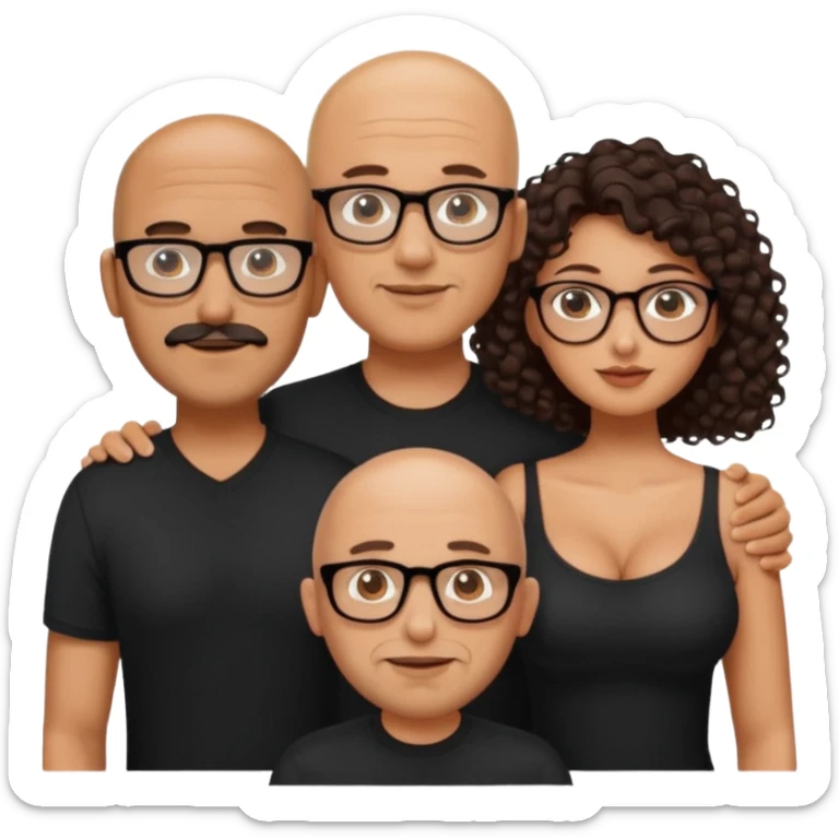 A picture of a tanned couple. the man is a Mexican man with tanned skin, no glasses, a bald hair cut, short beard and wearing a black shirt. the woman is wearing glasses, with long curly dark brown hair and with big boobs  sticker