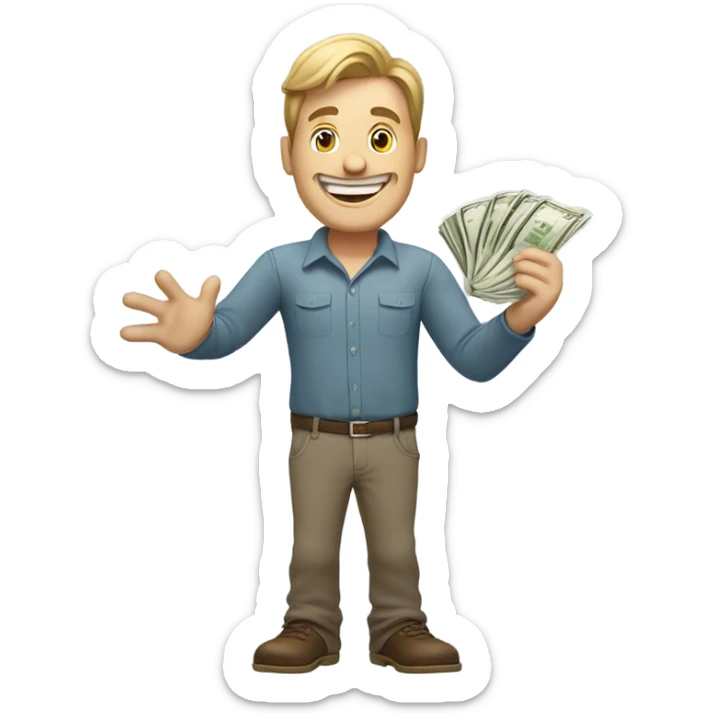 Caucasian Man sticking out his hand with money and a big smile sticker