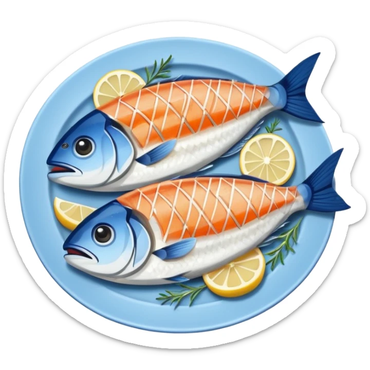Fish dishes avatar in bright emoji-style illustration. Grilled fish, fillets, and seafood, blue and silver tones, simple shapes, flat design, fresh and flavorful. sticker