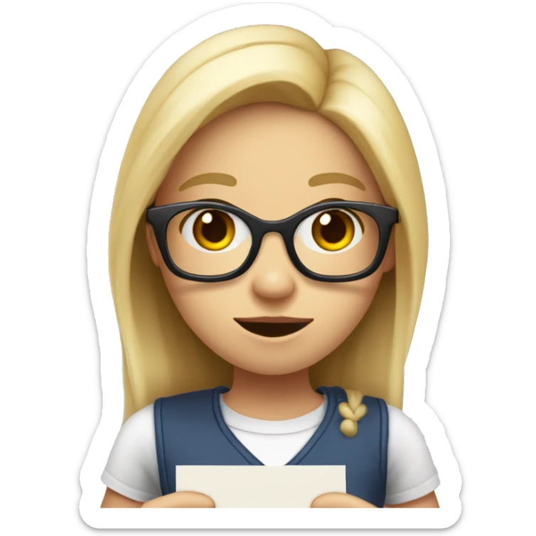 A blond girl with long hair and with glasses holding a heart enveloppe in her hand and pulling out a letter that says ‘im sorry tony’ sticker