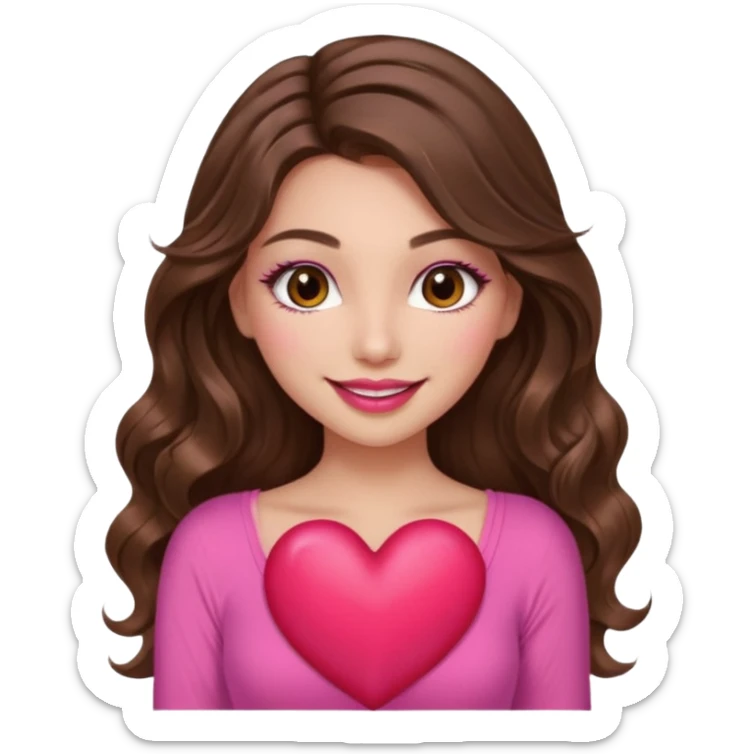 girl with long wavy brown hair, brown eyes, long lashes makeup, sexy pink lips, light to medium complexion, wearing a pink sexy top, smiling, holding a big heart sticker