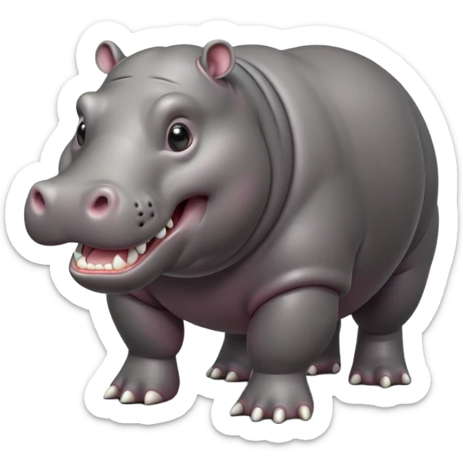 cinematic-hippo-realistic-full-body-side-view-standing-on-all-fours-emoji,-massive-round-frame,-wide-mouthed-grin-exposing-huge-teeth,-head-tilted-dramatically,-thick-grey-hide-glossy, big cute eyes sticker
