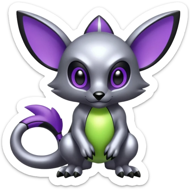 Futuristic cool shiny metallic alloy silver-grey-black-obsidian purple neon-green white lime animal hybrid Fakemon full body sticker