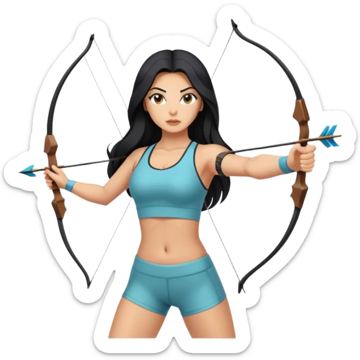 woman tanned long black hair, shooting arrow, sexy, yoga clothes sticker