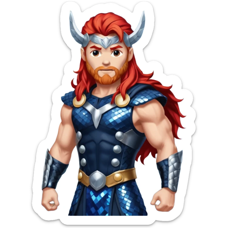 Thor, God of Thunder from Gods and Goddesses with long red hair, dark blue and silver sequin outfit sticker