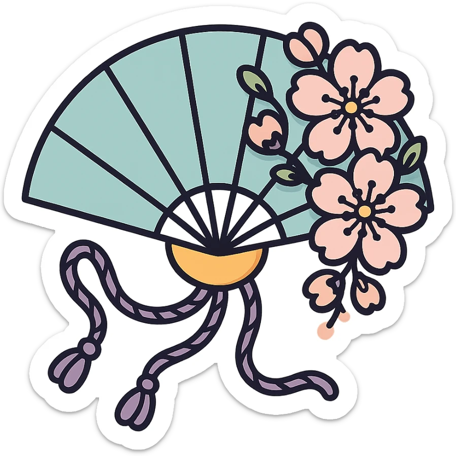 Elegant Chinese fan with cherry blossom flowers and twisted curved cords, in icon-color-outlined style. High detail with complex shadows and highlights, thin clean contours, soft rounded shapes, pastel palette #98B5BC, #B5B3C1, #C9A3C9, #E4C0CA, #F7DCD1, #F7C0AA. Modern Japanese pop-art and sticker aesthetic, soft lighting, transparent background. The cords should be twisted like decorative strings. sticker