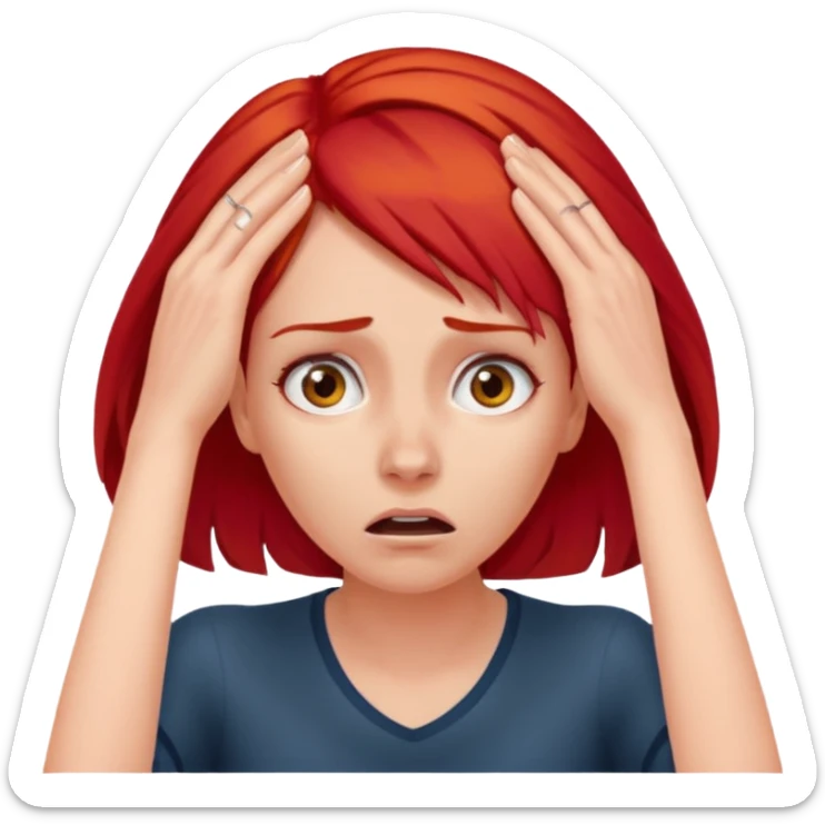 A realistic waist-up portrait of a frightened woman with her hands on her head and red hair sticker