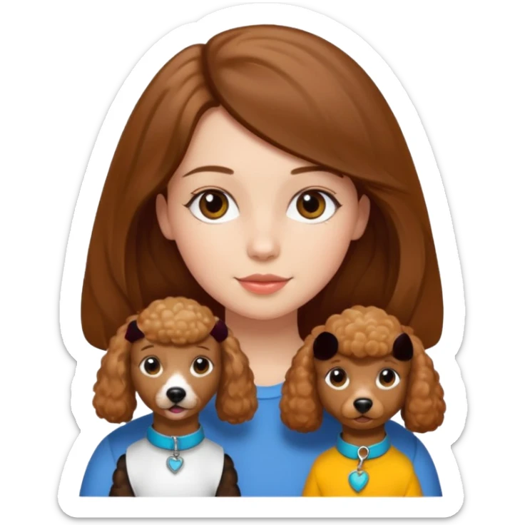 a girl with straight brown hair and a caramel-colored poodle next to her sticker