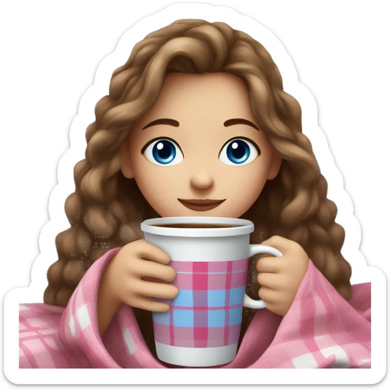 cute brown haired girl with long hair wrapped in pink plaid blanket drinking coffee blue eyes sticker