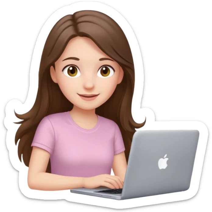 happy white long brunette hair girl with hazel eyes and in light pink using laptop sticker