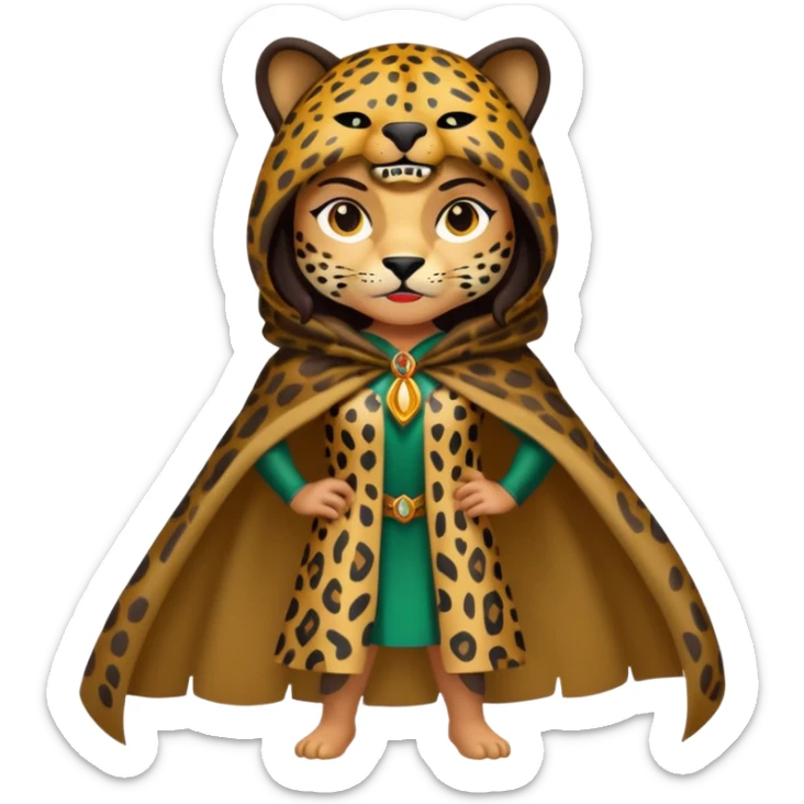 forest sticker character, latina woman dressed as jaguar spirit, spotted cloak, confident stance sticker