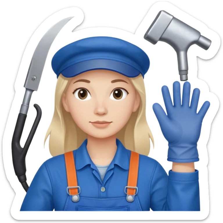 Russian factory worker gender neutral in blue overalls with gloves industrial background sticker