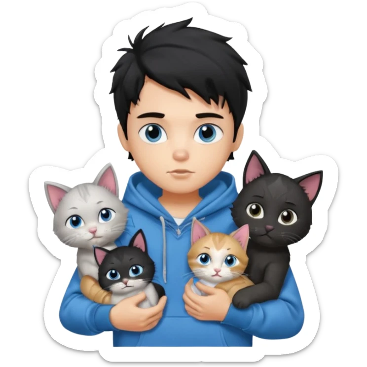 generate a pretty fair bratz boy with black messy hair holding 3 cats.  Wearing a grey hoodie sticker