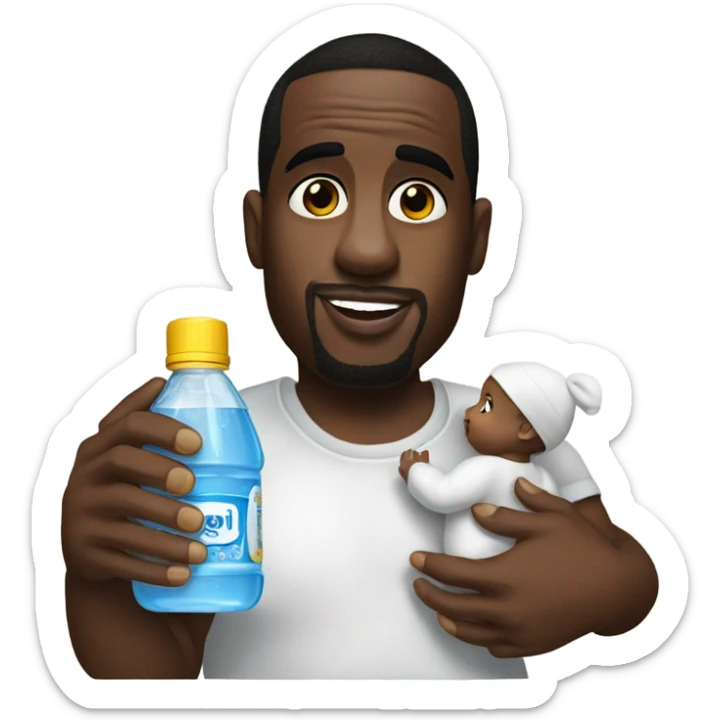 P diddy holding baby with a bottle of baby oil  sticker