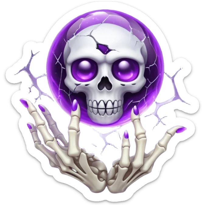 A Discord emoji of a floating, cracked purple crystal orb held by skeletal fingers. Void magic theme, vibrant glow, sharp detail, white background. sticker