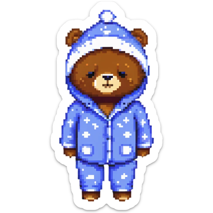 sleepy bear in pajamas with nightcap, pixel art style, pixel art, sleepy, cozy, nightcap, bedtime sticker