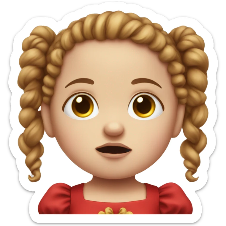 crying sad pale baby doll with red dress and curly brown pigtails sticker