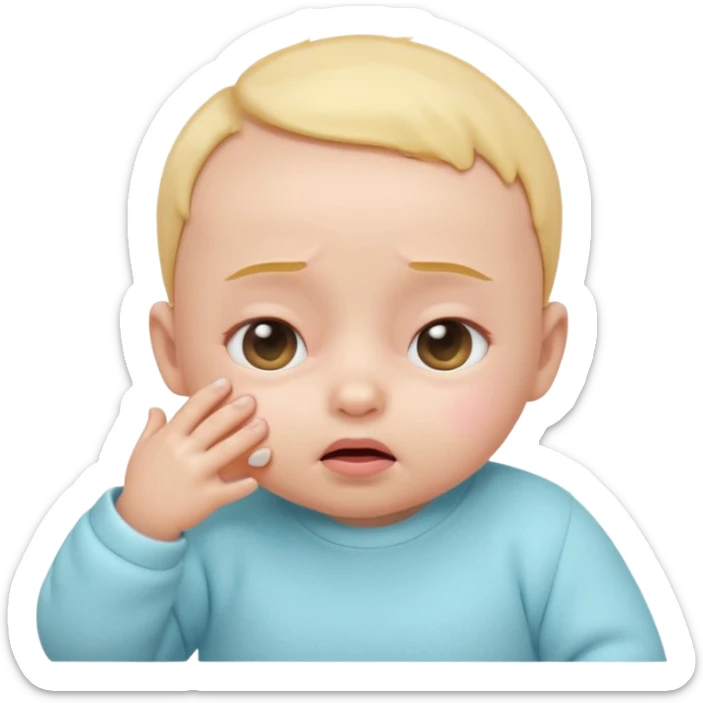 Cute 3D baby emoji, rubbing eyes, sleepy expression, short fine baby hair, soft pastel colors, clean white background  sticker