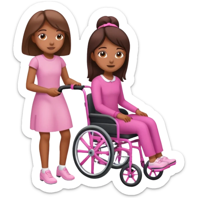One tan skin sister pushing her brown skin sister in a pink wheelchair sticker