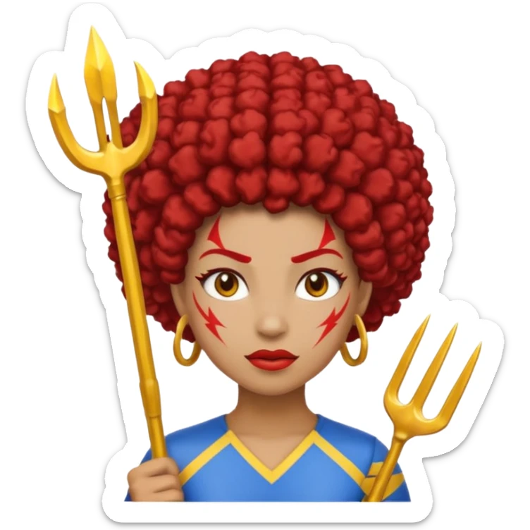 Emoji metisse femboy avec drapeau ukrainien arriere plan, un afro, sourcils rouge, fourche trident, et eclairs sticker