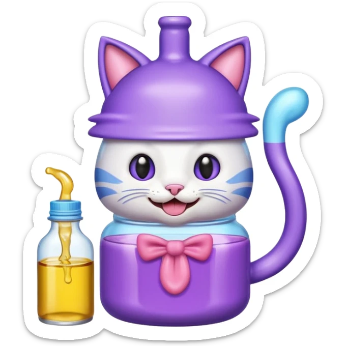 Smiling bottle of oil light purple top and light blue sticking tongue out and with cat ears sticker