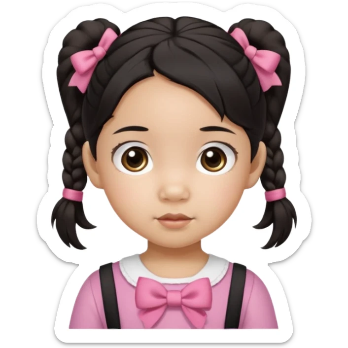 mixed toddler girl asian and american with bow pigtails, dark brown/black hair with big brown eyes emoji sticker