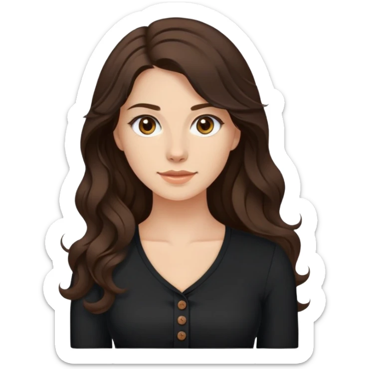 27 year old Caucasian woman with fair skin, brown eyes, long wavy dark brown hair, wearing a black top with a button sticker