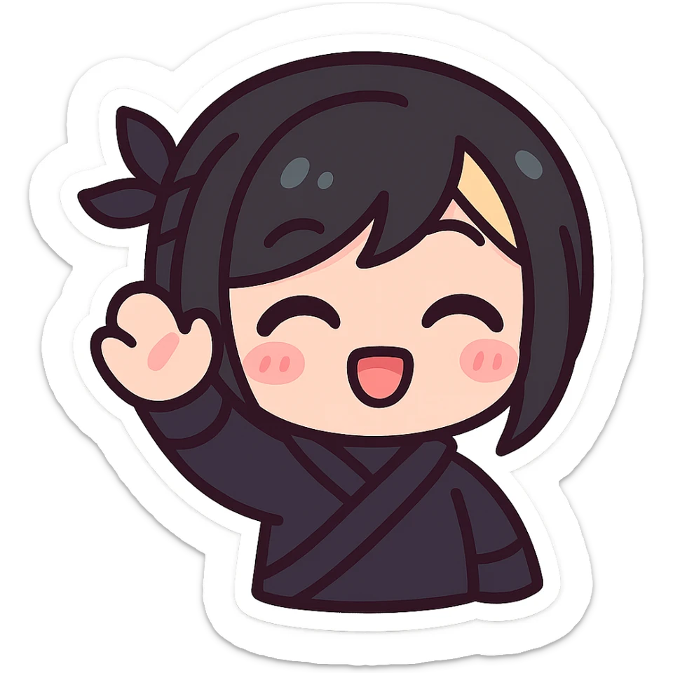 Kawaii chibi ninja girl with black short hair and a blonde streak, only head and arms, super cute, big sparkling eyes, rounder face, smaller mouth, extra soft colors, colorful chibi style, bold outlines, no mask, hand fully raised, waving, eyes closed in a happy expression, sized for Twitch emoji use. sticker