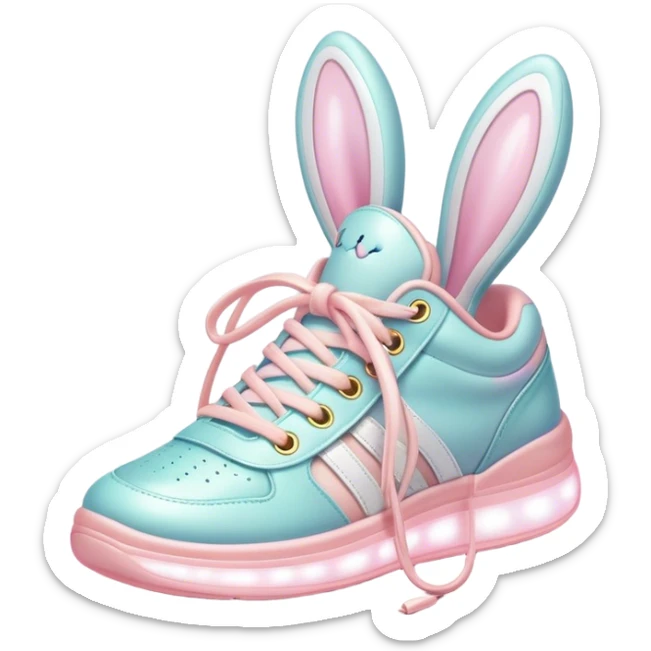 Cute Kawaii Shoe, small and bouncy, soft pastel sneakers with glowing highlights, cute sparkling eyes, a happy cheerful expression, laces tied like bunny ears! sticker