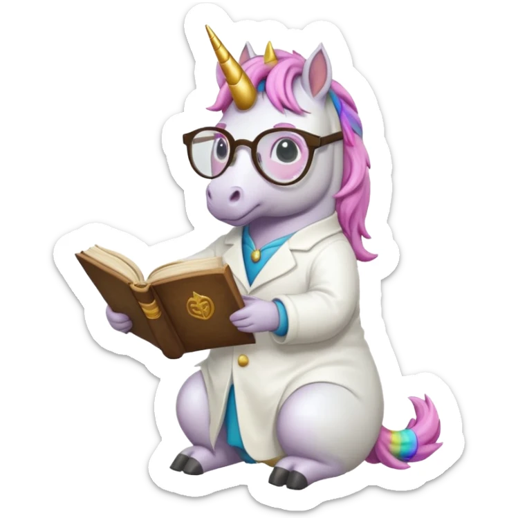 Unicorns read book
A full body of scholar unicorn wearing round glasses, reading a thick ancient tome. sticker