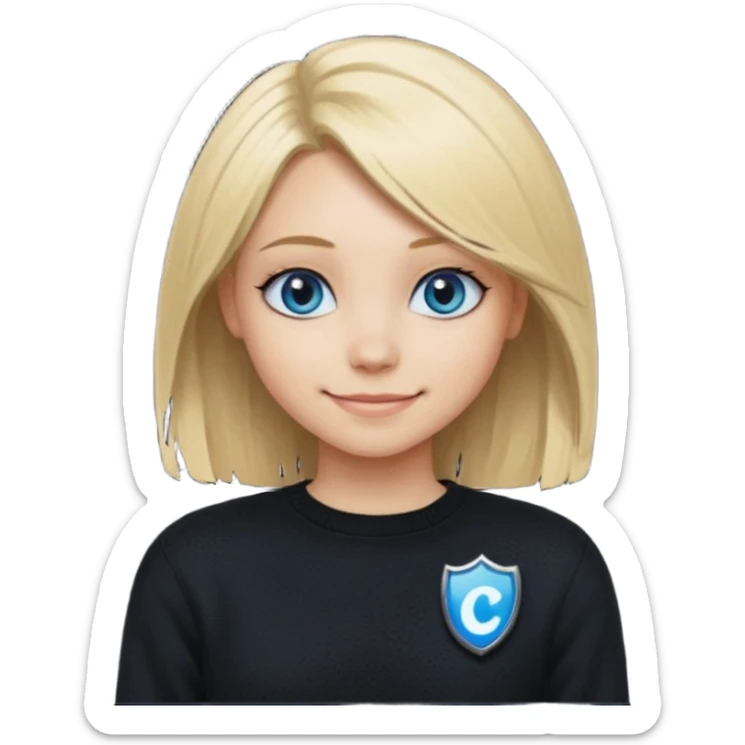 a new character a girl with shoulder length blonde hair wearing black clothes and wearing a cheeky smile she has blue eyes her black sweater has an emo style badge sticker