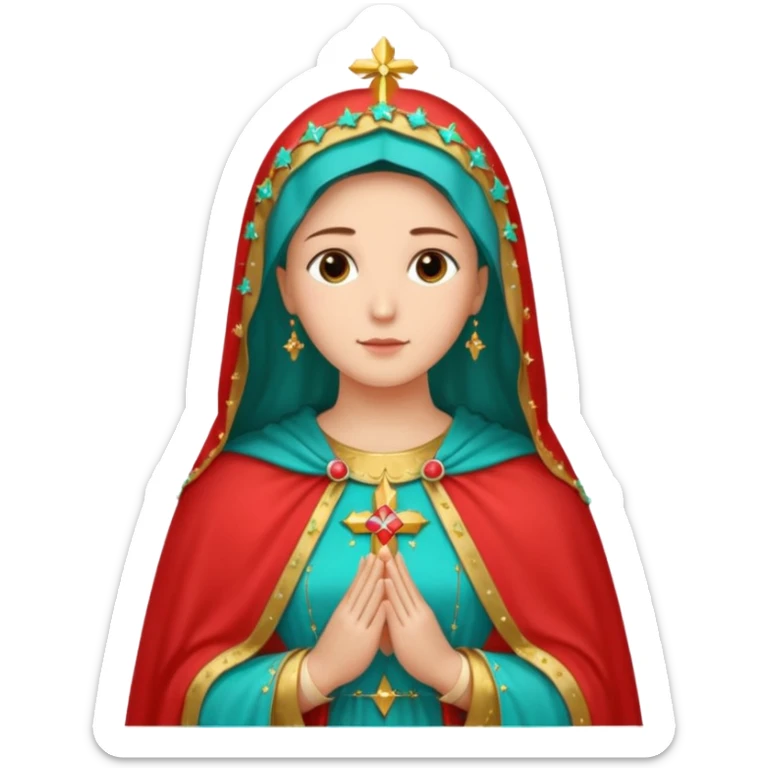 virgen maria catolica con vestido rossa, coral y manto verde turquesa y pequeñas estrellas doradas, dispersas por el manto, muchas estrellas en su manto.con las manos juntas sticker