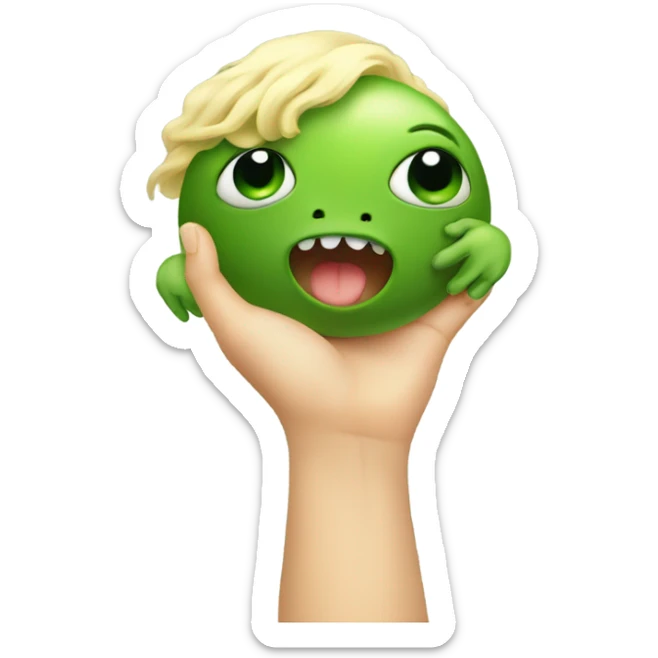 Little blonde baby holding hands with a big green one eyed monster sticker
